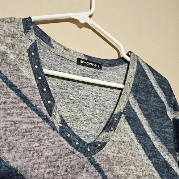 David Cline Womens Size Large Pullover 3/4 Sleeve Top #6210 Azure Stripe V-Neck - Picture 3 of 5